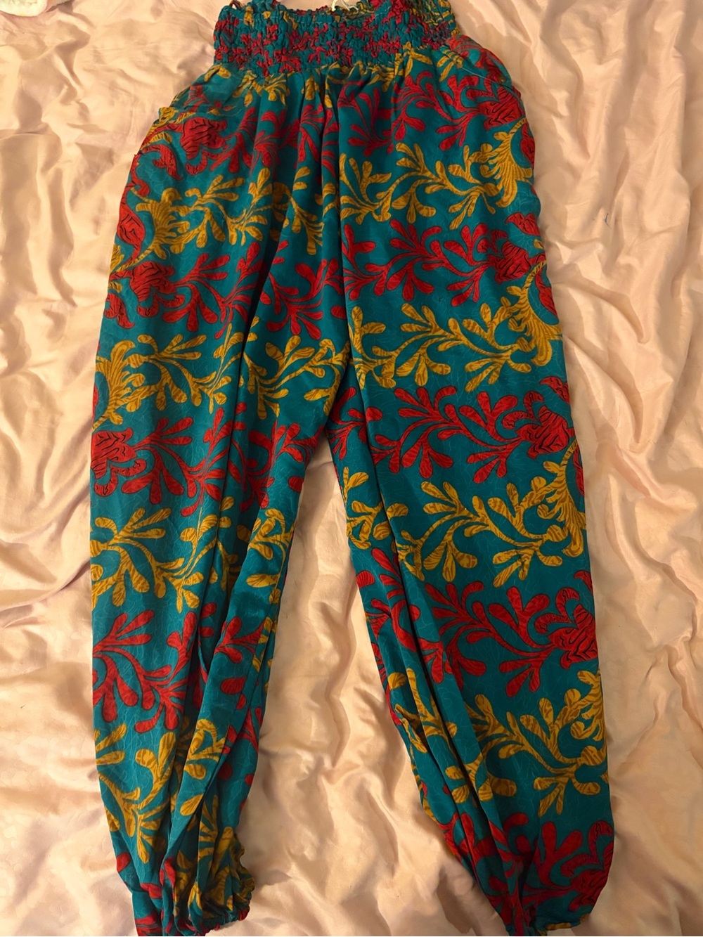 Womans Teal Floral Print Elastic-Waist Bottoms